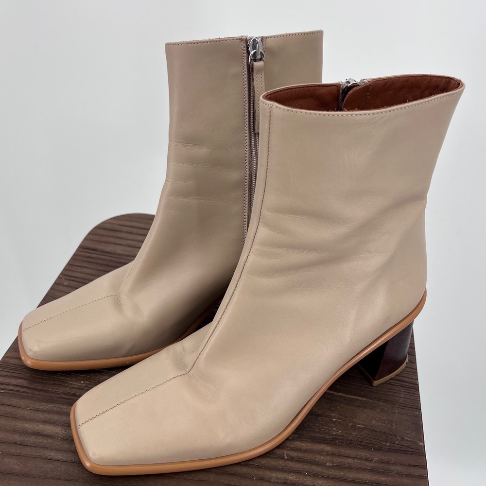 Alohas East Beige Leather Square Toe‎ Ankle Boots Wood Block Heel Spain Size 38